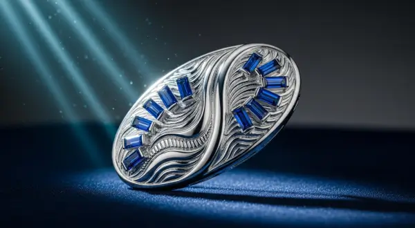 Joalheria Hollywood 1950s, close-up macro de um broche oval em prata 950 com banho de ródio, apresentando texturas de armadura medieval e safiras tailandesas em lapidação baguette.