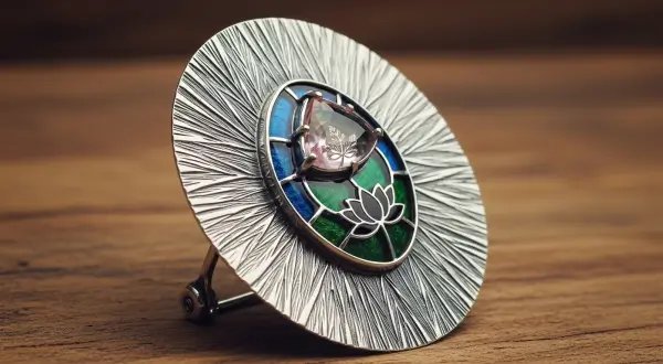 Joias talismãs personalizadas, broche oval de prata 925 com textura radial de folhas, pedra central e esmalte verde floresta sobre madeira de carvalho envelhecida.