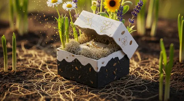 Embalagens sustentáveis para Joias, caixa de papel semente em decomposição sobre solo úmido, com flores silvestres como lavanda e girassóis brotando de dentro, revelando uma joia de ouro central sob luz dourada.