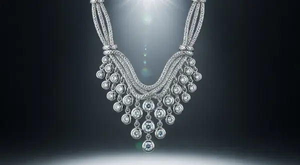 Joalheria Hollywood 1950s, fotografia macro de um colar estilo chandelier em platina 950, com zircônias cúbicas em cravação pavê, apresentando efeito de dispersão de arco-íris sob luz focal.
