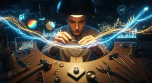 Análise de vendas joalheria artesanal, vista aérea de uma bancada de joalheiro tradicional onde ferramentas de metal se misturam a gráficos digitais flutuantes em neon azul e dourado, com uma mão lapidando uma joia ao centro.