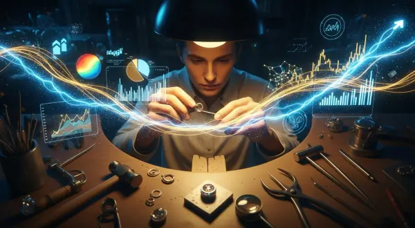 Análise de vendas joalheria artesanal, vista aérea de uma bancada de joalheiro tradicional onde ferramentas de metal se misturam a gráficos digitais flutuantes em neon azul e dourado, com uma mão lapidando uma joia ao centro.