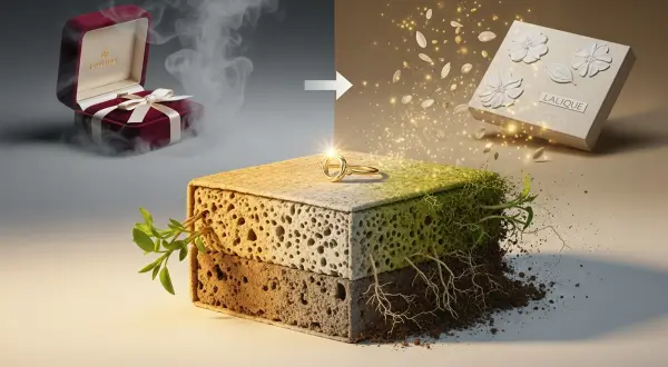 Embalagens sustentáveis para Joias, rótulo de micélio translúcido com QR code bioluminescente sobre joia de ouro, exibindo projeções holográficas de mãos artesanais e minas éticas, enquanto se dissolve em água cristalina.