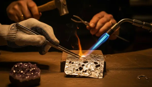 Tendências joalheria artesanal 2026, mão com luva de kevlar segurando uma pinça de solda profissional para manipular uma chapa de prata incandescente. Distância de segurança mantida em relação à chama azul de um maçarico. Ambiente de ateliê escuro com iluminação Cinestill 800T.