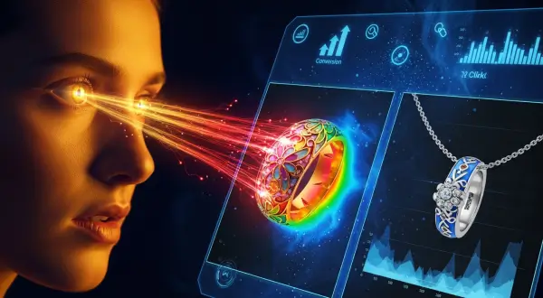 Análise de vendas joalheria artesanal, perfil de uma mulher observando uma joia através de uma tela translúcida, com um mapa de calor vermelho e amarelo emanando de seus olhos sobre os detalhes do produto.