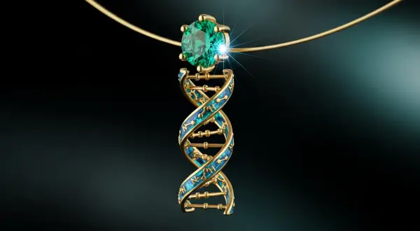 Joias gravadas com DNA, pingente de ouro 18k suspenso por fio de ouro, apresentando uma hélice de DNA gravada a laser com preenchimento de esmalte azul e uma esmeralda vibrante no topo, contra um fundo de bokeh escuro.