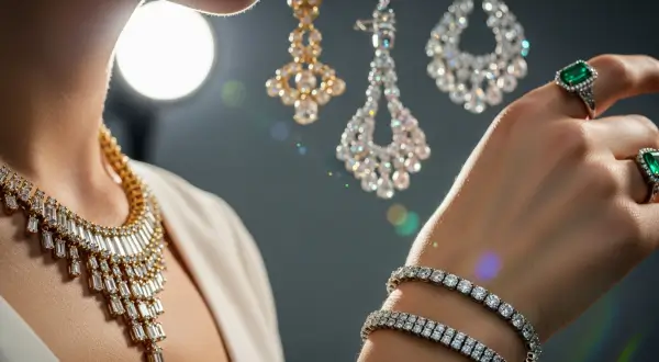 Joalheria Hollywood 1950s, close-up de uma mão feminina em perfil três quartos, exibindo anéis de esmeralda colombiana, pulseiras de diamantes e um colar de ouro 18k, sob iluminação cinematográfica de estúdio.
