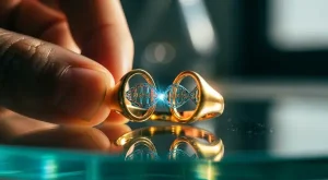 Joias gravadas com DNA, close-up macro de uma mão delicada segurando um anel de ouro 18k aberto, revelando uma hélice de DNA azul iridescente gravada no interior sobre uma superfície de vidro reflexiva.