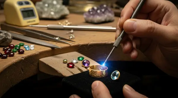 Joias talismãs personalizadas, close-up de mão de artesão usando buril para gravar anel de ouro 18k martelado, com pedras preciosas e ferramentas de joalheria ao fundo.