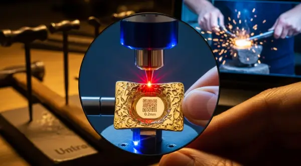 Tendências joalheria artesanal 2026, visão através de lente de aumento de 50x de um laser de fibra gravando um micro QR-code de 0.2mm no interior de uma joia de ouro 18k martelada. Ponto laser vermelho intenso e tela digital ao fundo com timelapse do processo manual.
