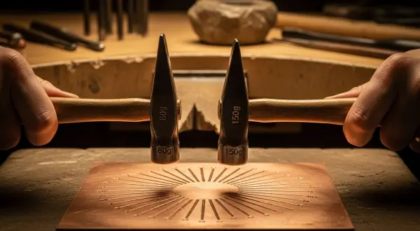 Martelos de ourivesaria para repuxo e cinzelamento, duas mãos segurando dois martelos de cinzelamento de tamanhos diferentes (80g e 150g) simetricamente sobre uma chapa de cobre polida com marcas de batidas radiais