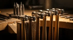 Close-up de seis martelos de joalheria com cabos de madeira e faces de metal polido dispostos sobre uma bancada de madeira rústica com partículas de poeira dourada suspensas no ar.