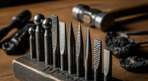 Close-up de pontas de punções de aço temperado com diferentes formatos geométricos organizados verticalmente em um suporte de madeira envelhecida.