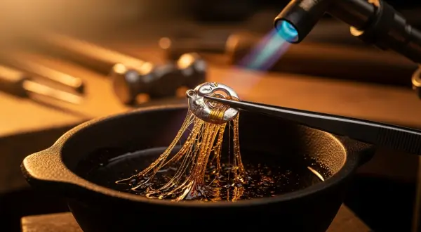 Breu e Tigela de Breu para Joalheria Artesanal, extrema aproximação de uma pinça de joalheiro extraindo prata de um bowl, com fios de breu derretido esticando-se como caramelo viscoso.