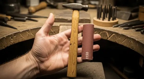 Martelos de ourivesaria para repuxo e cinzelamento, uma mão aberta segurando um cabo de martelo de madeira personalizado com raspagens anatômicas nos dedos polegar e mínimo, revelando tons de mel e pátina de uso.