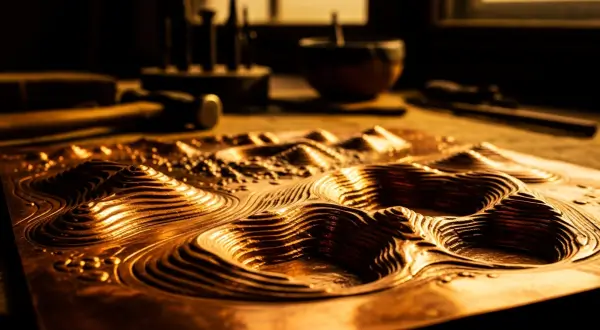 Repuxamento e Cinzelamento na Joalheria Artesanal, macro de relevo orgânico em cobre com ondas fluidas e depressões profundas, iluminado por luz rasante em tons de âmbar e bronze.