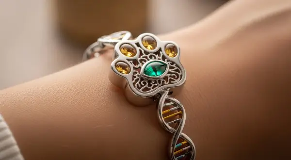 Joias gravadas com DNA, macro de uma pulseira de prata 925 no pulso, com uma placa central em formato de pata contendo uma hélice de DNA pet gravada e um berilo verde incrustado.
