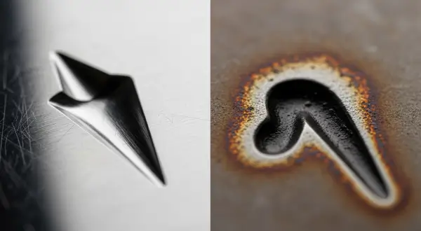 Duas marcas lado a lado em uma superfície de metal polido; à esquerda uma marca geométrica precisa e à direita uma marca orgânica e suave.