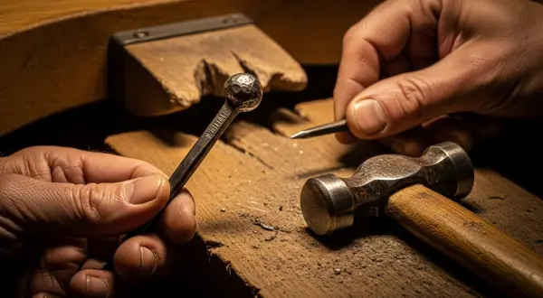 Punções para repuxamento e cinzelamento na joalheria artesanal, close-up da mão de um artesão segurando um punção feito à mão a partir de um prego forjado, sobre uma bancada de madeira com marcas de uso.