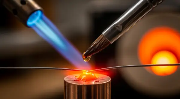 Fios para cloisonné joalheria artesanal, macrofotografia de um pincel de marta aplicando uma gota translúcida de fluxo de solda entre um fio de prata e uma base de cobre incandescente.
