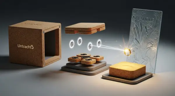 Embalagens Sustentáveis para Joias, caixa de cortiça expandida desmontada em módulos, mostrando mecanismos de neodímio e uma joia de ouro levitando magneticamente à frente de um painel com relevos Lalique.