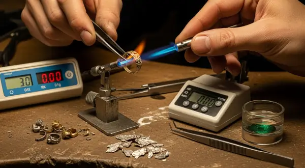 Luxo consciente 2026, mãos de joalheiro utilizando um maçarico de precisão com chama azul para desmontar uma joia antiga, com um termômetro infravermelho digital e teste de ácido nítrico visíveis na bancada.