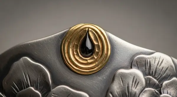 Chapas metálicas para repuxamento na joalheria artesanal, macro extrema de uma chapa de prata 925 fosca com um rasgo orgânico no topo de um relevo, cercado por uma estratificação concêntrica de ouro 18k.
