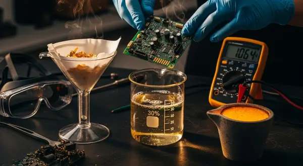 Luxo consciente 2026, mãos com luvas de nitrilo azul segurando uma placa de circuito sobre um béquer com solução ácida amarelada, com flocos de ouro visíveis sendo capturados em um filtro de papel.