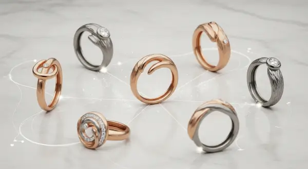 Posicionamento de marca na joalheria autoral, close-up extremo de um detalhe técnico em uma joia de ouro, com outras peças da coleção dispostas de forma orgânica e levemente desfocadas ao fundo.