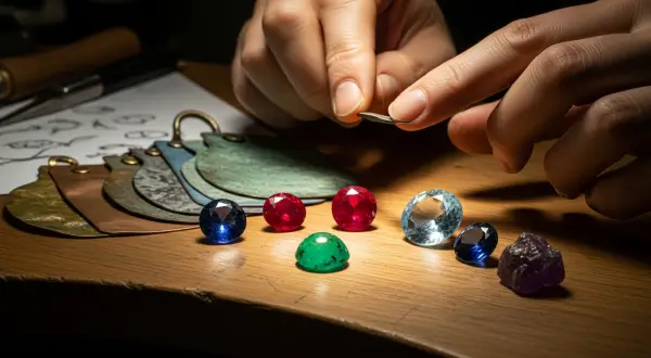 A psicologia das cores no design de joias, close-up das mãos de um joalheiro sobre uma bancada de madeira com esmeraldas, rubis e safiras brutas, cercadas por amostras de metais com diferentes pátinas sob iluminação dramática.