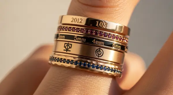 Joias modulares personalizadas, quatro anéis de ouro rosé 18k empilhados no dedo, com rubis, safiras, esmalte negro e gravações personalizadas.