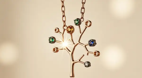 Joias modulares personalizadas, colar em ouro rosé 18k com design de árvore genealógica, apresentando ramificações com gemas de topázio, esmeralda e safira.