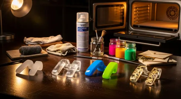 Joias Pop Art, processo de acabamento de luxo em joias de acrílico. Mostra o uso de lã de aço, cera de carnaúba e a aplicação de folhas de ouro e prata que brilham sob a superfície transparente do material polido.