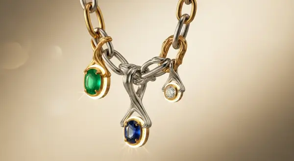 Close-up de um colar modular em ouro 18k e prata de lei com pingentes de esmeralda, safira e diamante em luz de golden hour.