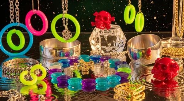 Composição editorial de joias Pop dos anos 60 e 70. Brincos de argola em acrílico rosa e verde limão, colares de discos roxos e turquesa e braceletes de cromo flutuam sobre água e superfícies espelhadas sob luz neon psicodélica.