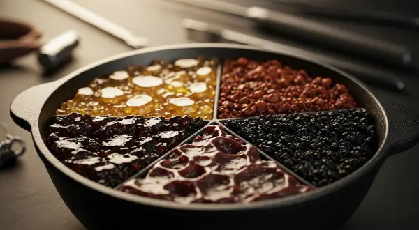 Breu e tigela de breu para joalheria artesanal, close-up extremo da superfície de um bowl de breu com manchas de diferentes cores e texturas: âmbar, marrom avermelhado e preto carvão.