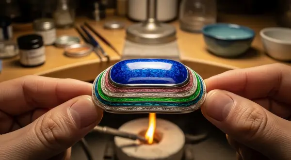 A psicologia das cores no design de joias, macro de uma joia esmaltada em azul cobalto translúcido sobre textura guilloché, revelando camadas de profundidade e brilho interno sob luz de estúdio.