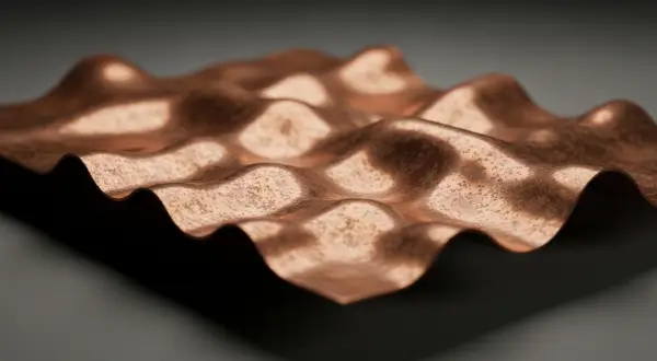 Chapas metálicas para repuxamento na joalheria artesanal, macro de uma chapa de cobre com deformações térmicas orgânicas, exibindo pátina de oxidação rosada e reflexos dourados nos picos das ondulações.