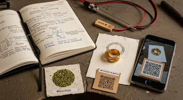 Luxo consciente 2026, um caderno Moleskine aberto com esboços técnicos e anotações de temperatura ao lado de um anel de ouro, um QR code em etiqueta kraft e um smartphone realizando o escaneamento.