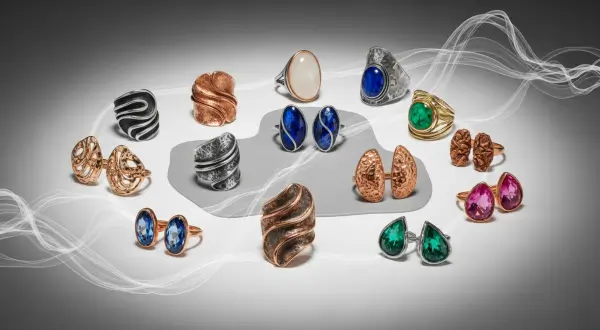 Posicionamento de marca na joalheria autoral, vista superior de uma mesa de luz com joias diversas; linhas translúcidas conectam peças de design semelhante, enquanto peças discordantes permanecem isoladas.