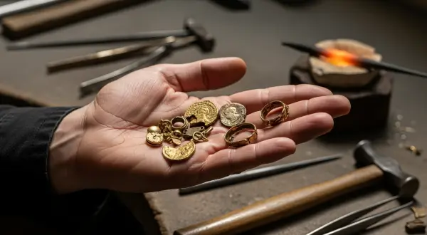 Ouro reciclado na joalheria, close-up frontal em ângulo baixo de mãos experientes segurando fragmentos de ouro antigo, moedas gastas e joias desmontadas sob luz natural de fim de tarde.