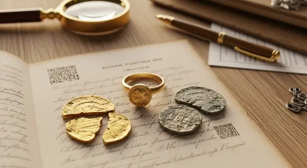 Ouro reciclado na joalheria, visão aérea de uma joia de ouro finalizada sobre um documento antigo, ao lado de moedas e fragmentos de ouro bruto, em uma bancada de madeira.