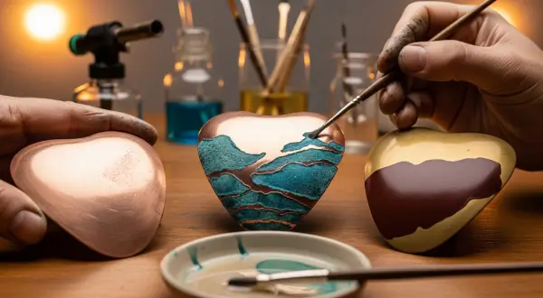 A psicologia das cores no design de joias, macro de mãos com luvas aplicando solução química com um pincel em peças de cobre, mostrando o contraste entre o metal rosa-salmão e a pátina verdigris azul-esverdeada.