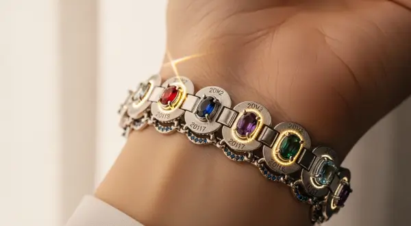 Joias modulares personalizadas, pulseira de prata de lei com elos intercambiáveis contendo rubi, safira, esmeralda, ametista e águas-marinhas.