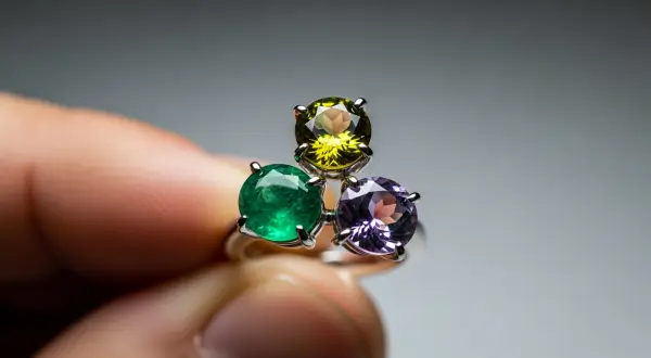 A psicologia das cores no design de joias, macrofotografia de um anel em ouro branco com uma esmeralda, uma tsavorita e uma ametista em alturas diferentes, segurado delicadamente por mãos artesanais.